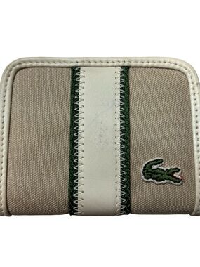 Lacoste Beige Canvas Zip Card Wallet with White Trim & Green Accent
